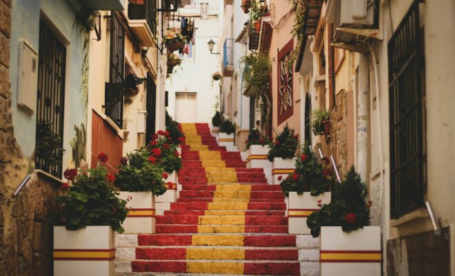 red, yellow, and white concrete stairs