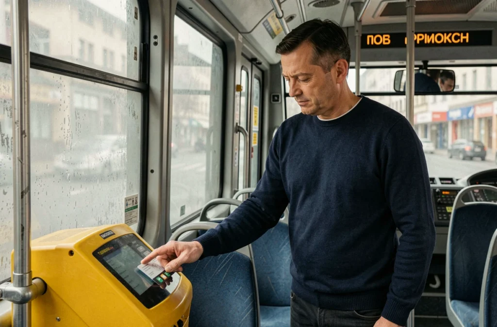 Un homme valide son titre de transport dans un bus urbain de Belgrade avec une carte sans contact