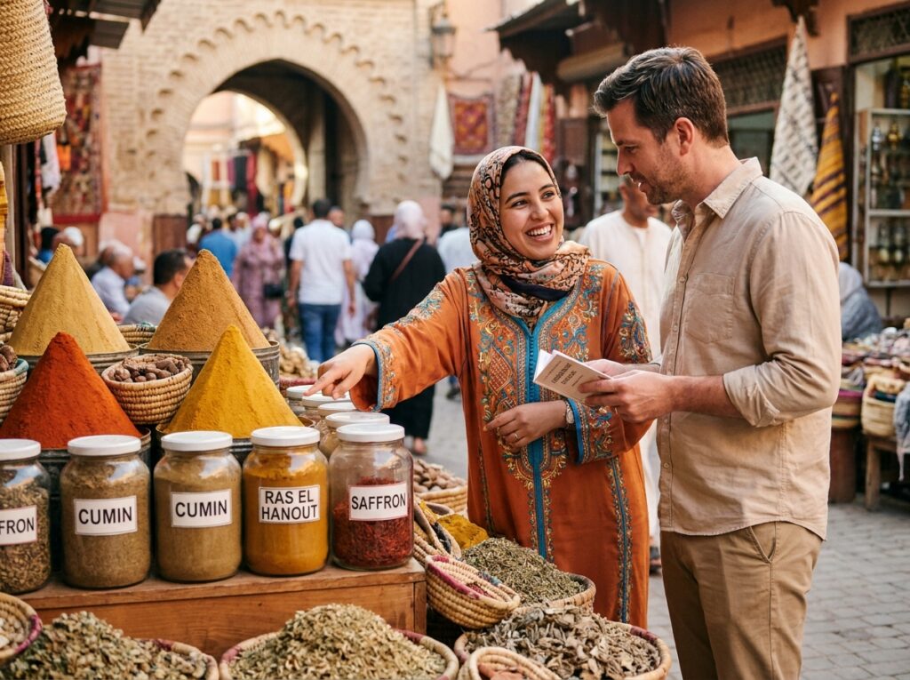 Une vendeuse marocaine explique les noms des épices en darija à un touriste dans le souk de Marrakech