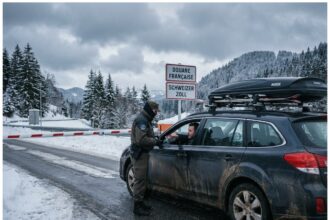 Famille en voiture chargée de skis passant le contrôle frontalier franco-suisse en hiver