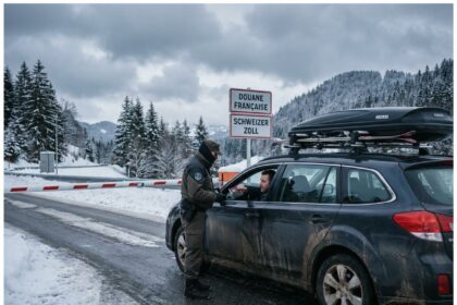 Famille en voiture chargée de skis passant le contrôle frontalier franco-suisse en hiver