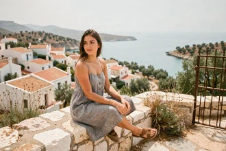 Jeune femme en robe de lin assise sur un muret en pierre avec vue panoramique sur un village crétois et la mer Égée