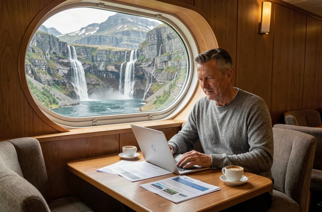 Voyageur comparant des offres de croisière sur son ordinateur dans le salon panoramique d'un bateau face aux fjords