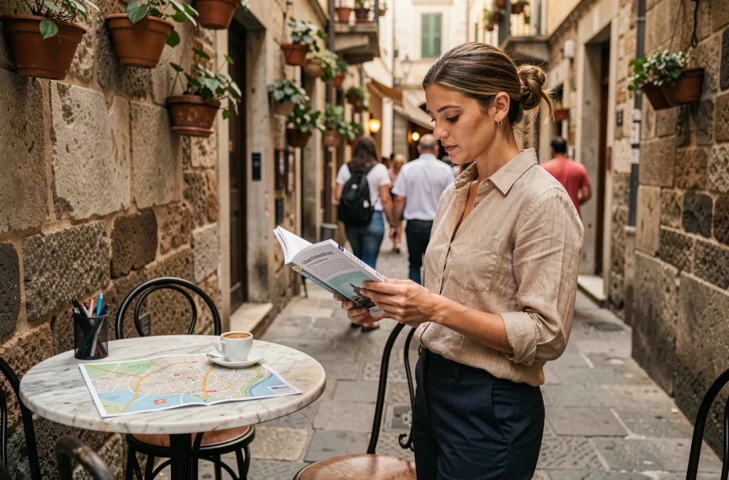 Voyageuse consultant un guide touristique en terrasse de café dans une ruelle historique pavée