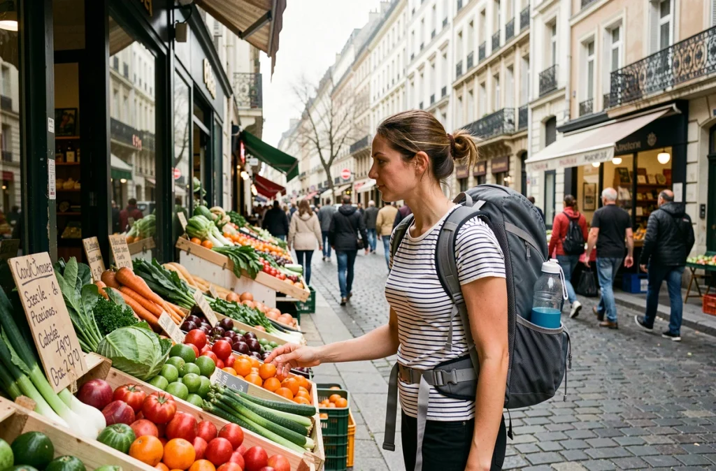 Voyageuse s'arrêtant devant un étal de légumes frais rue Lepic à Montmartre lors d'une balade éco-responsable à pied