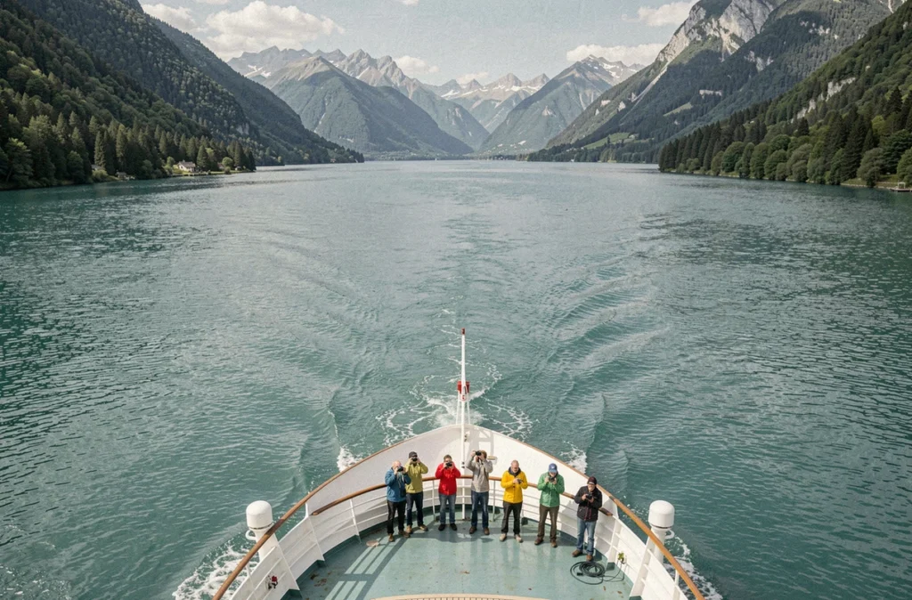 Vue panoramique depuis le pont supérieur d'un bateau de croisière sur le lac d'Annecy et les Alpes